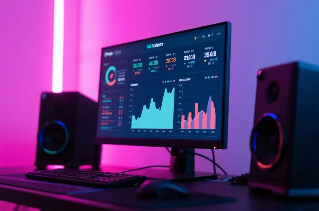 Close-up of a premium gaming setup showing real-time esports match statistics and data graphs on a monitor, soft neon background