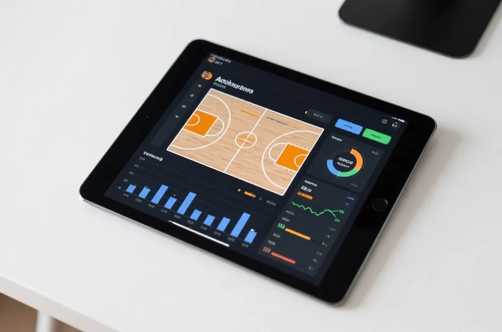 A tablet displaying a generic sports analytics dashboard with generic basketball court diagrams and statistical line charts